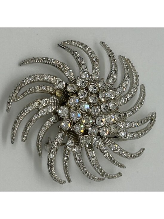 Estate Jewelry - Vintage Silvertone Brooch Sunburst Starburst Swirl Rhinestone Retro Mid-Century